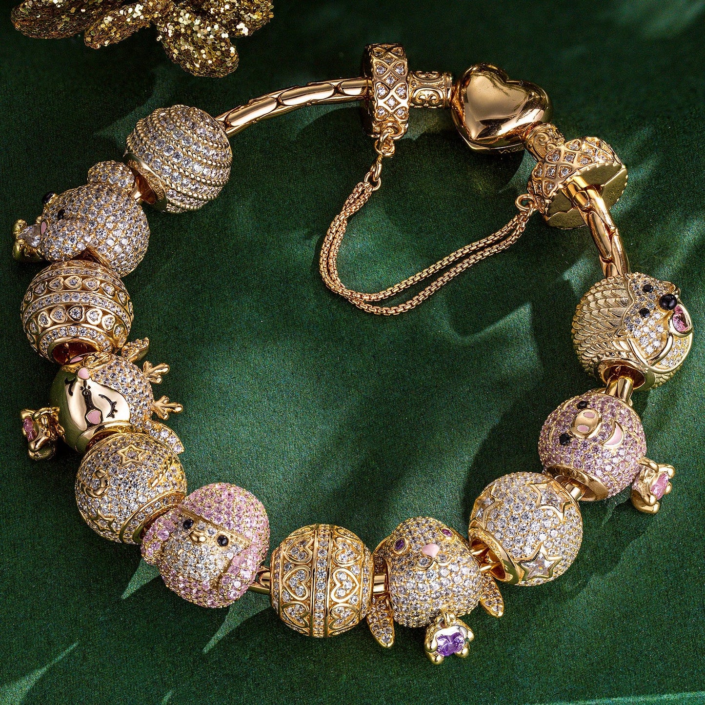 Sterling Silver Adorable Wonderland Animals Charms Bracelet Set In 14K Gold Plated (Includes bracelet and all charms shown)