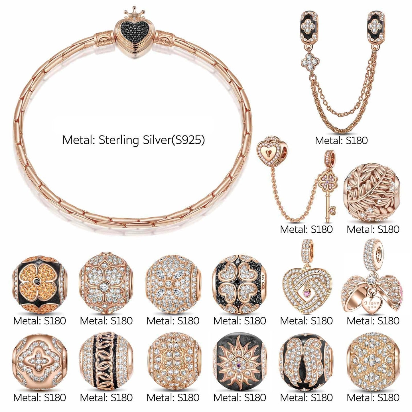Sterling Silver Heartfelt Wishes Charms Bracelet Set With Enamel In Rose Gold Plated (Includes bracelet and all charms shown)