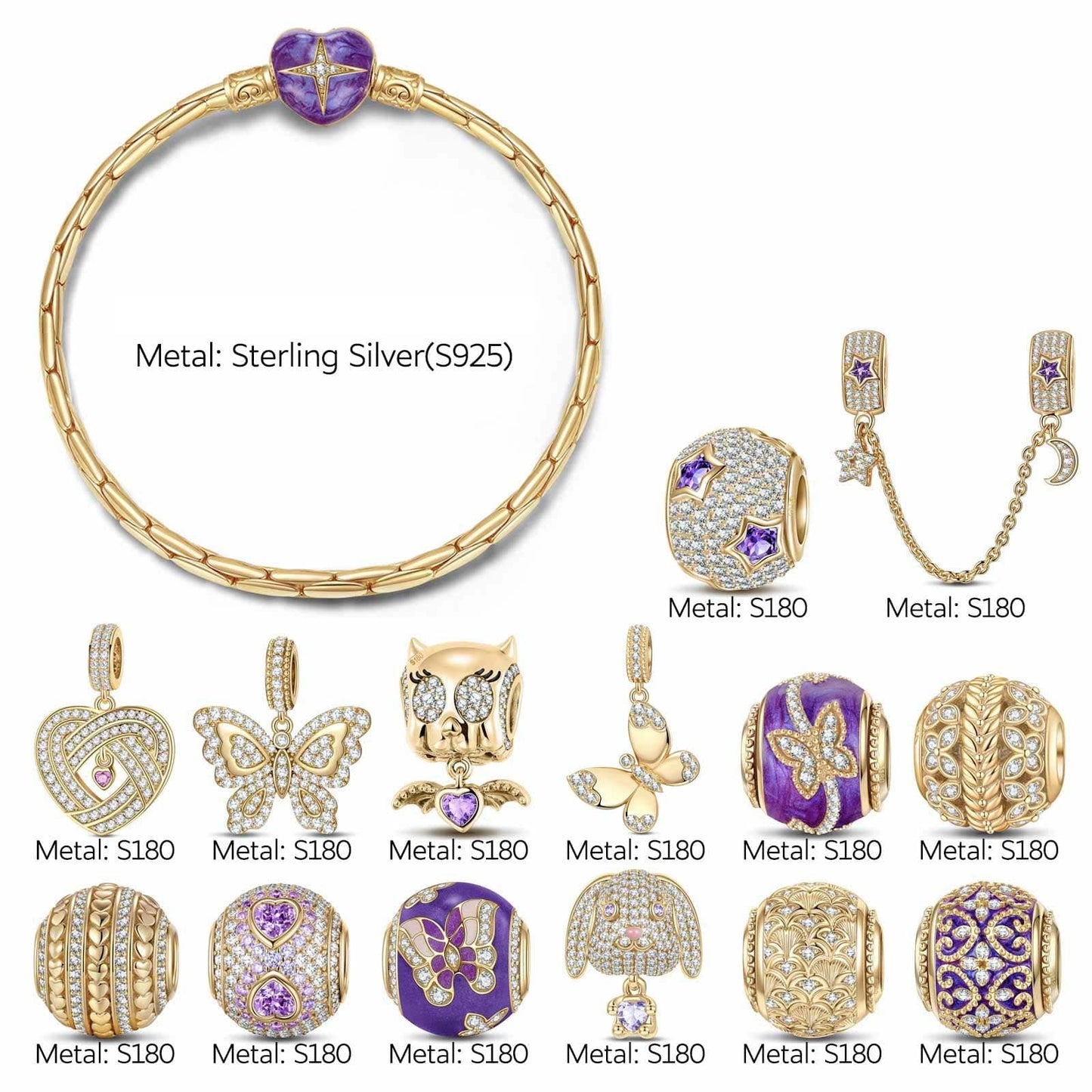 Sterling Silver Romantic Whirlwind Charms Bracelet Set With Enamel In 14K Gold Plated (Includes bracelet and all charms shown)