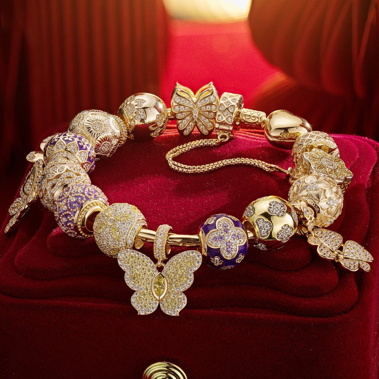 Shimmering Butterfly Sterling Silver Charms Bracelet Set With Enamel In 14K Gold Plated (Includes bracelet and all charms shown)