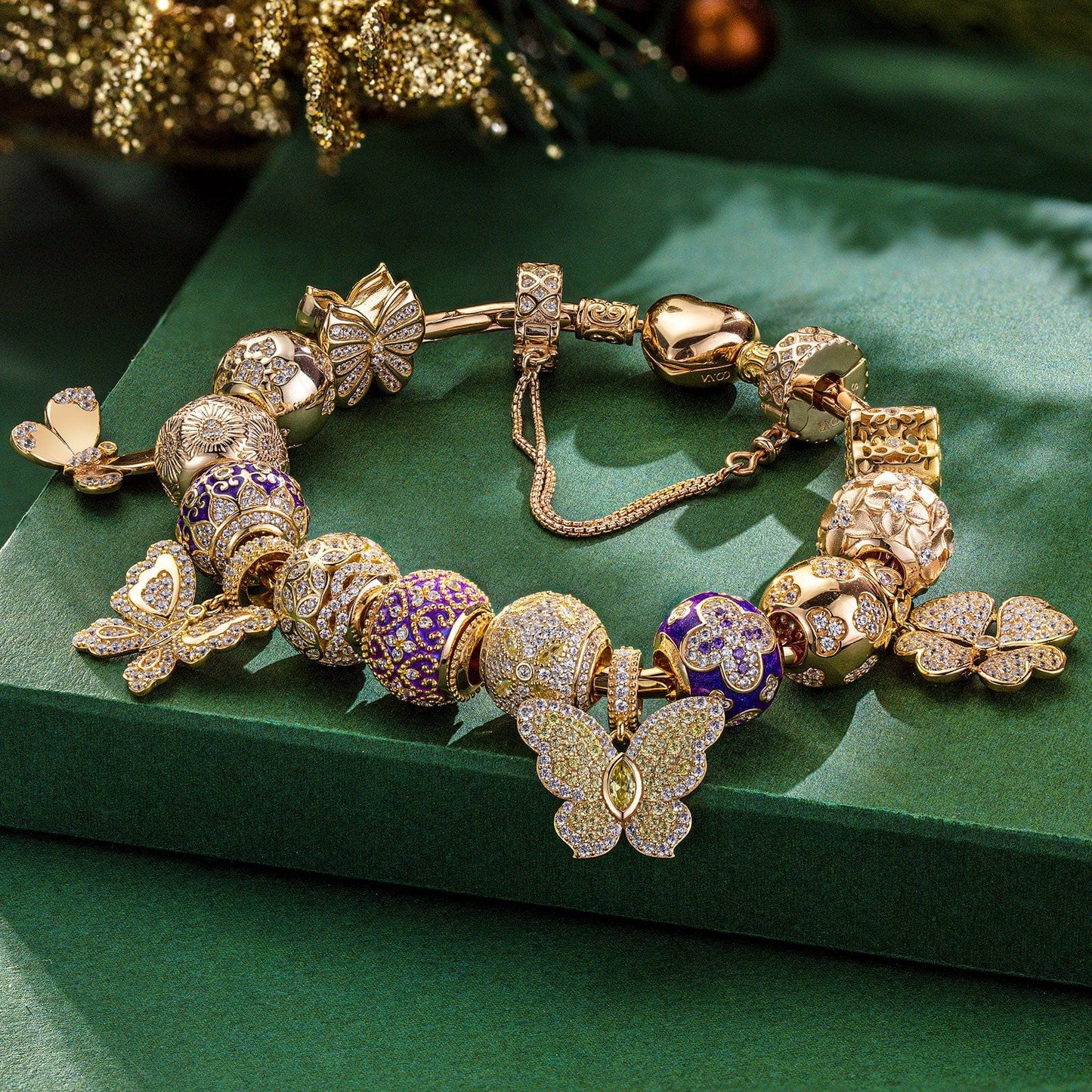 Shimmering Butterfly Sterling Silver Charms Bracelet Set With Enamel In 14K Gold Plated (Includes bracelet and all charms shown)