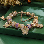 Shimmering Butterfly Sterling Silver Charms Bracelet Set With Enamel In 14K Gold Plated (Includes bracelet and all charms shown)