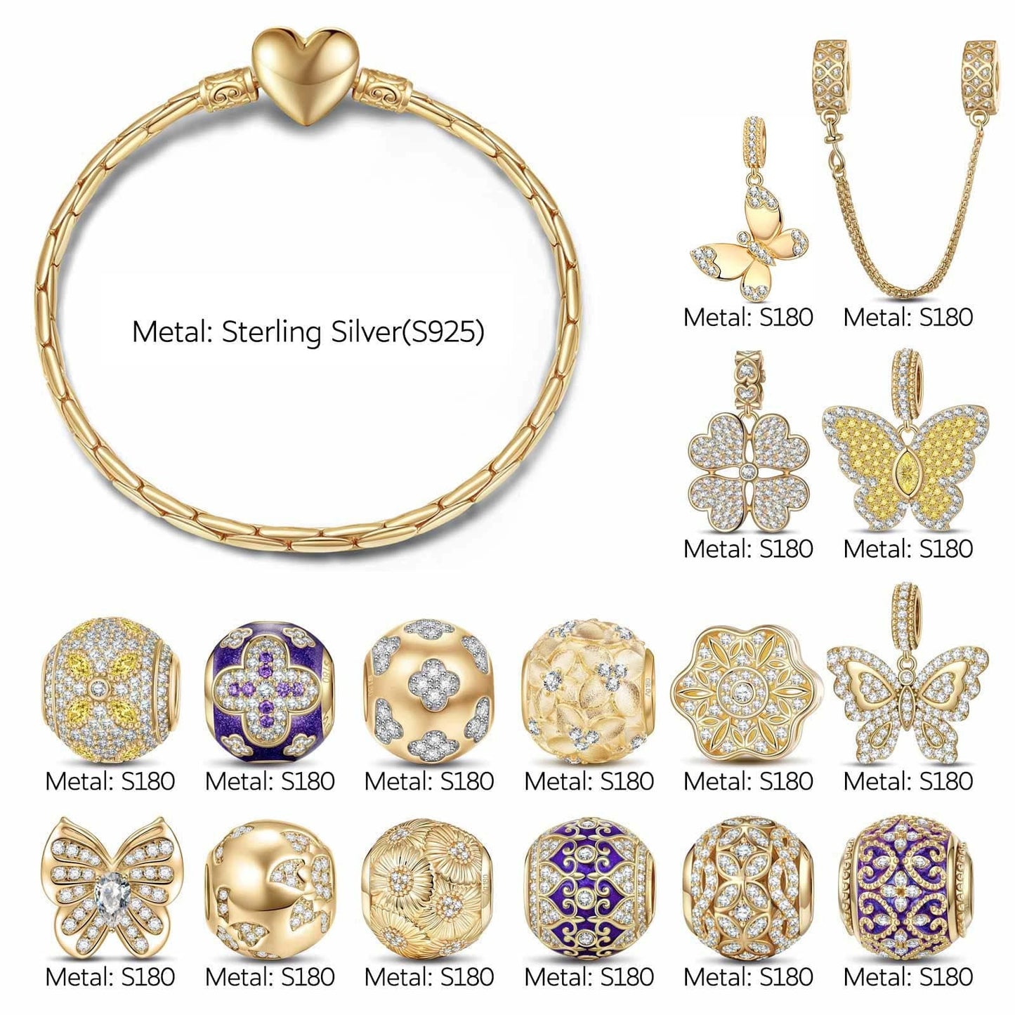 Shimmering Butterfly Sterling Silver Charms Bracelet Set With Enamel In 14K Gold Plated (Includes bracelet and all charms shown)