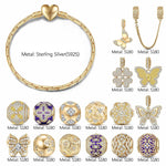 Shimmering Butterfly Sterling Silver Charms Bracelet Set With Enamel In 14K Gold Plated (Includes bracelet and all charms shown)