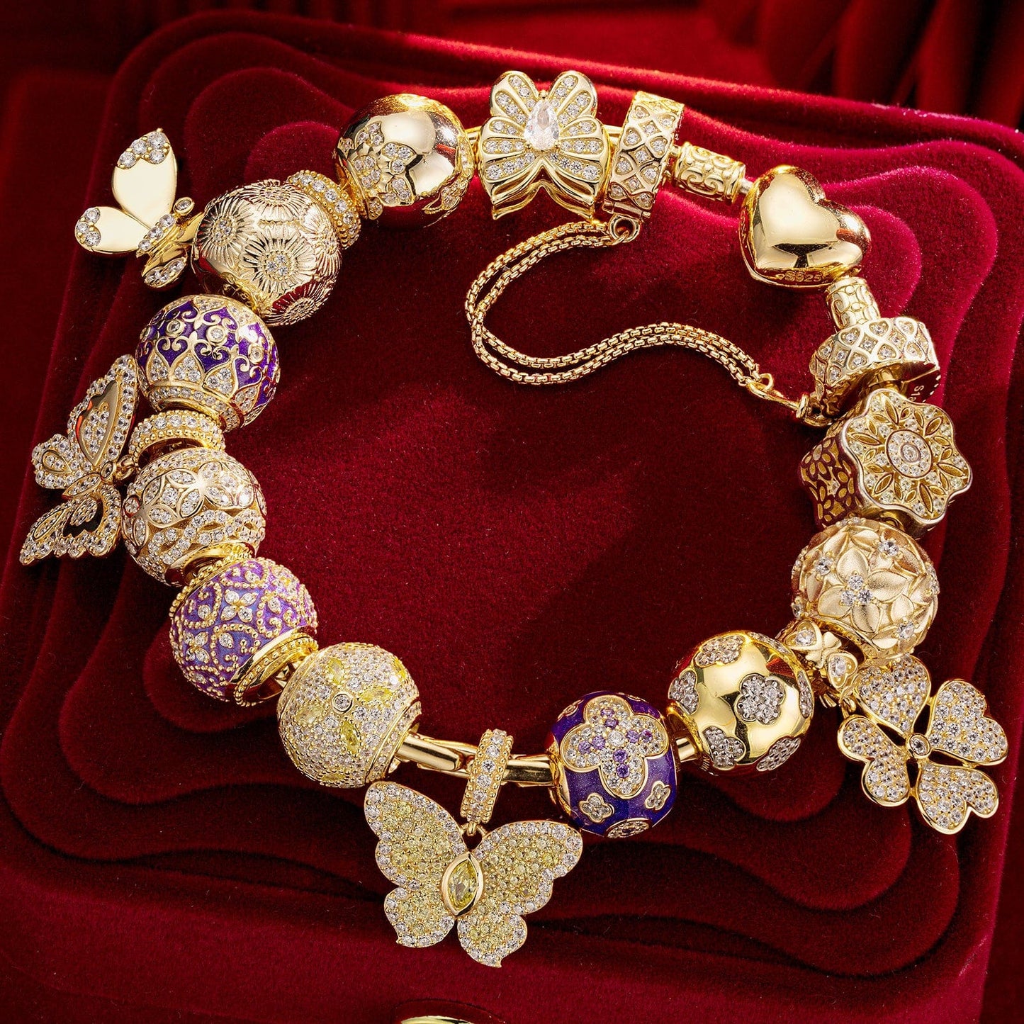 Shimmering Butterfly Sterling Silver Charms Bracelet Set With Enamel In 14K Gold Plated (Includes bracelet and all charms shown)