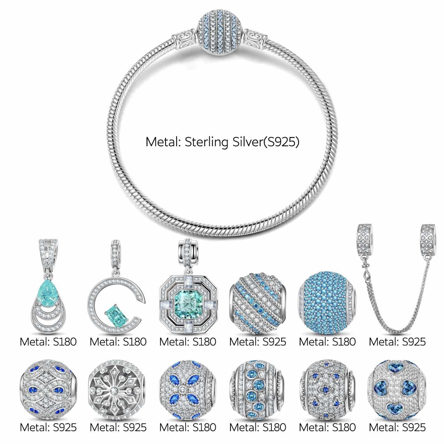 Sterling Silver Art Gallery Stroll Charms Bracelet Set In White Gold Plated (Includes bracelet and all charms shown)