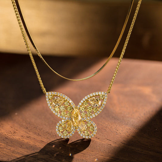 gona- Sterling Silver Layered Necklaces Set: Flat Snake Chain and Butterfly Pendant Necklace Set In 14K Gold Plated