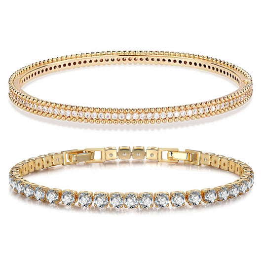 gona- Sterling Silver Layered Bracelets Set: Tennis Bracelet and Bangle Bracelet Set In 14K Gold Plated