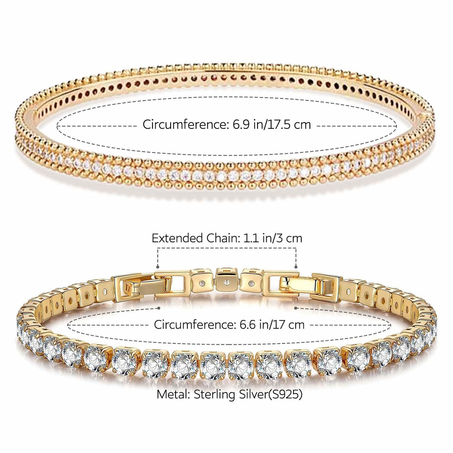 Sterling Silver Layered Bracelets Set: Tennis Bracelet and Bangle Bracelet Set In 14K Gold Plated