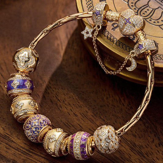 gona- Sterling Silver Purple Petals of Destiny Charms Bracelet Set With Enamel In 14K Gold Plated (Includes bracelet and all charms shown)