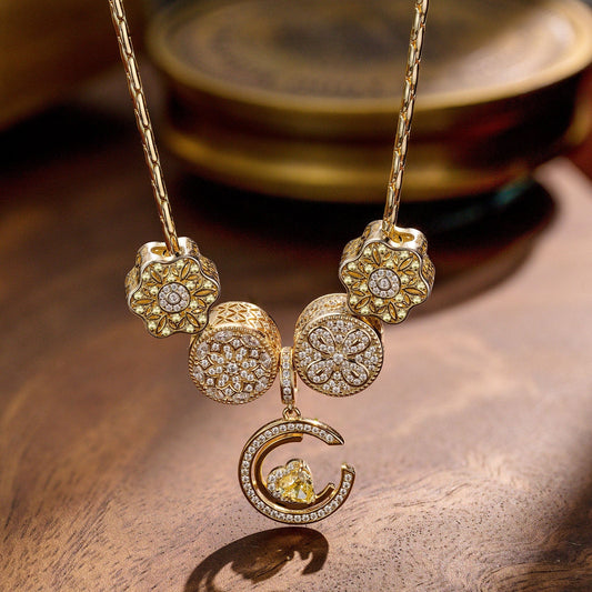 gona- Sterling Silver Moonlit Romance Charms Necklace Set In 14K Gold Plated