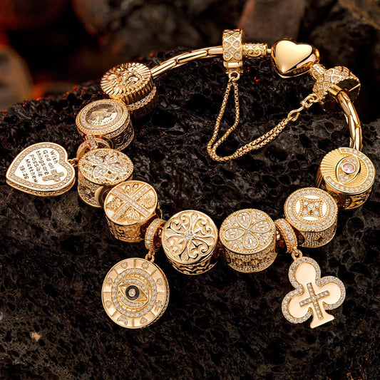 gona- Sterling Silver Blessings and Golden Floral Charms Bracelet Set In 14K Gold Plated (Includes bracelet and all charms shown)