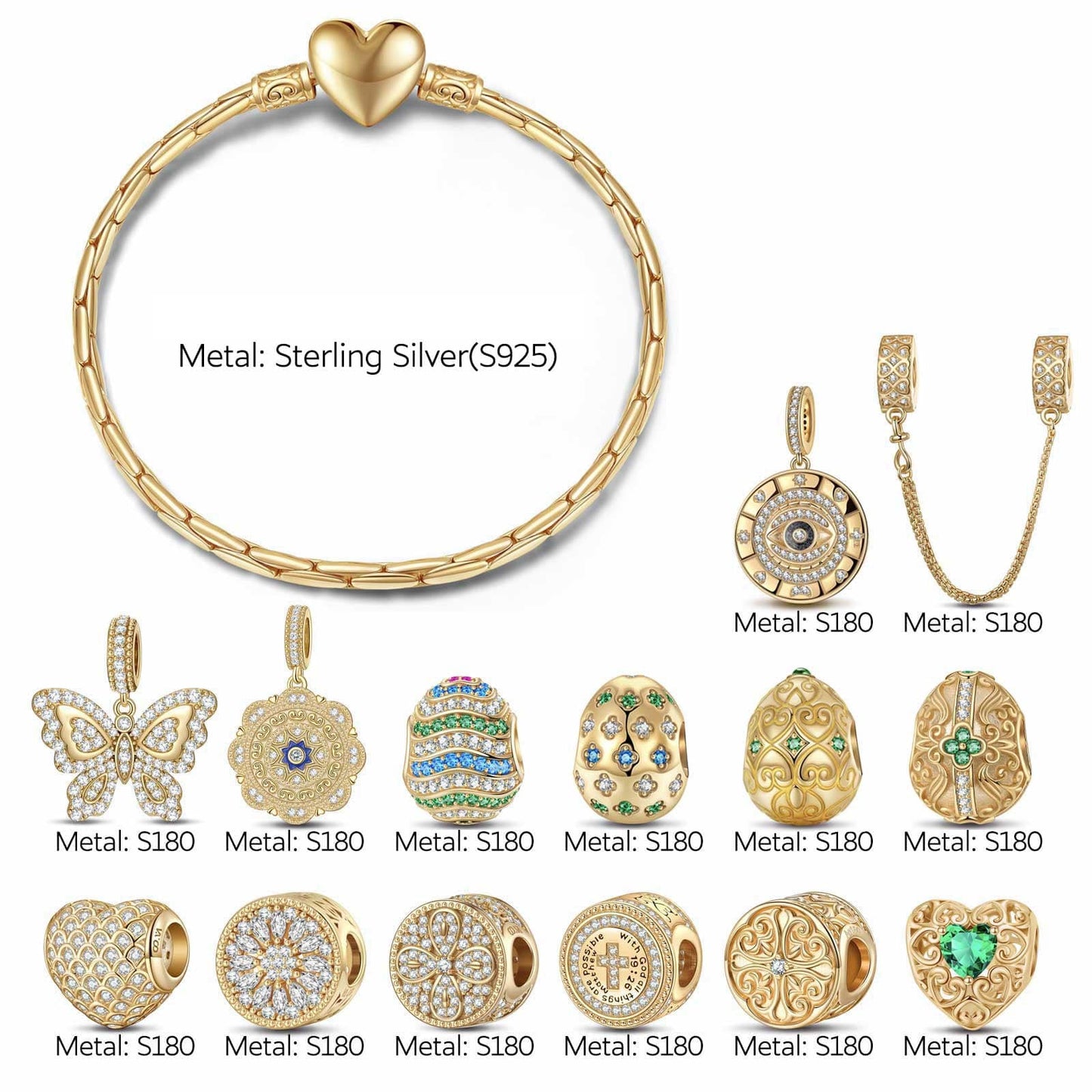 Sterling Silver Easter Egg of Grace Charms Bracelet Set With Enamel In 14K Gold Plated (Includes bracelet and all charms shown)