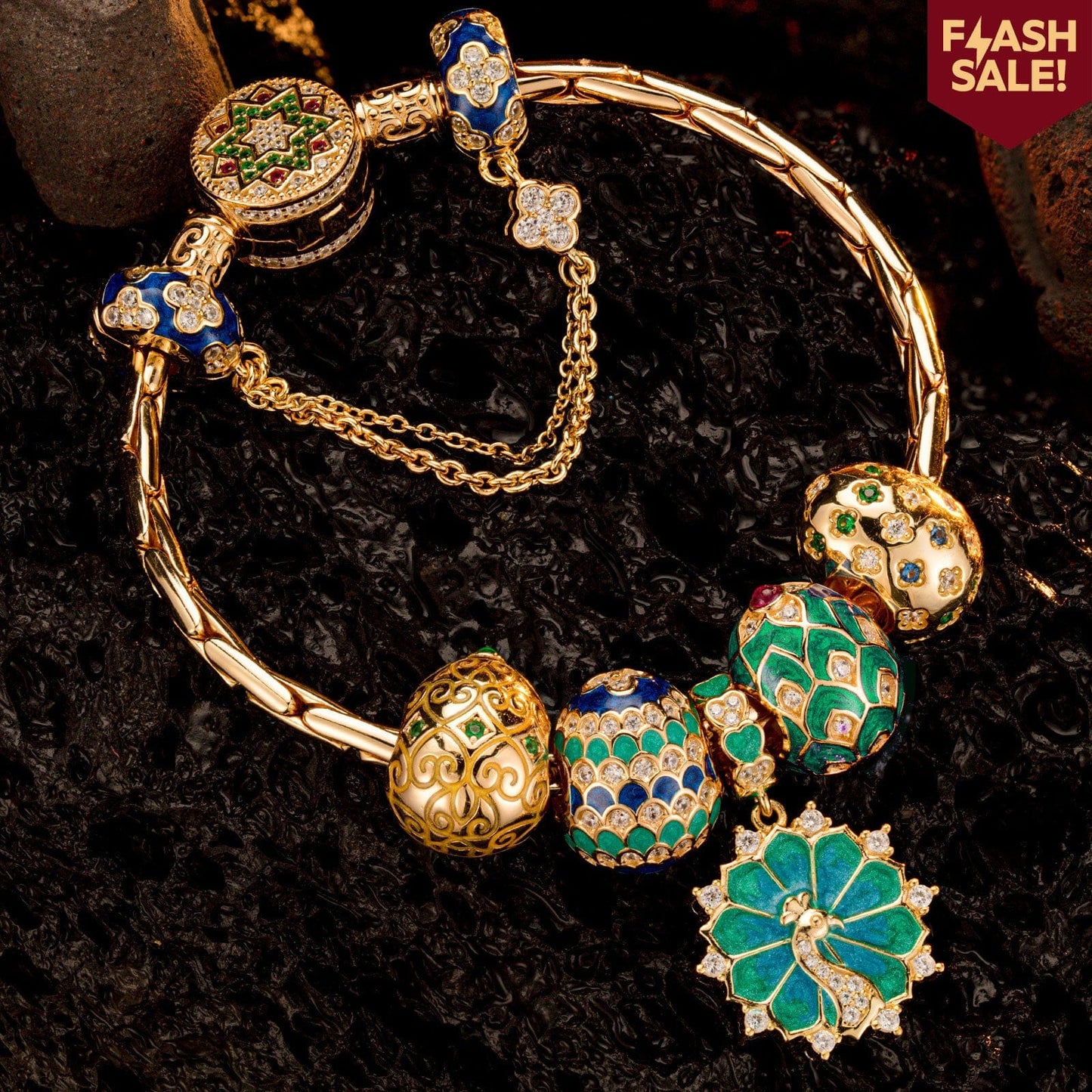 Sterling Silver Brilliance in Blue-Green Charms Bracelet Set With Enamel In 14K Gold Plated (Includes bracelet and all charms shown)
