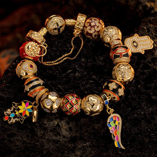 gona- Sterling Silver Easter Blooming Charms Bracelet Set With Enamel In 14K Gold Plated (Includes bracelet and all charms shown)