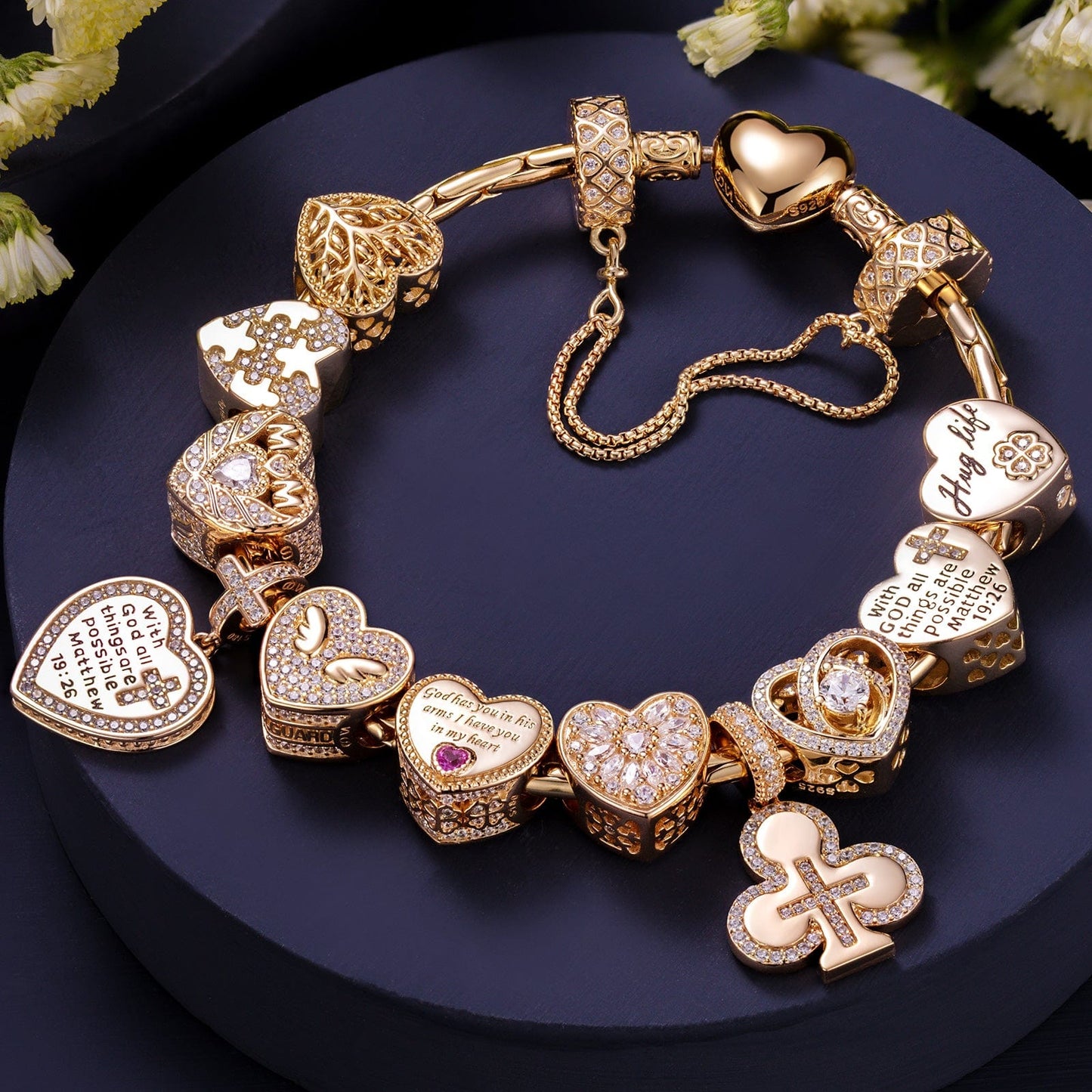 Sterling Silver Eternal Love and Guardian Charms Bracelet Set In 14K Gold Plated (Includes bracelet and all charms shown)