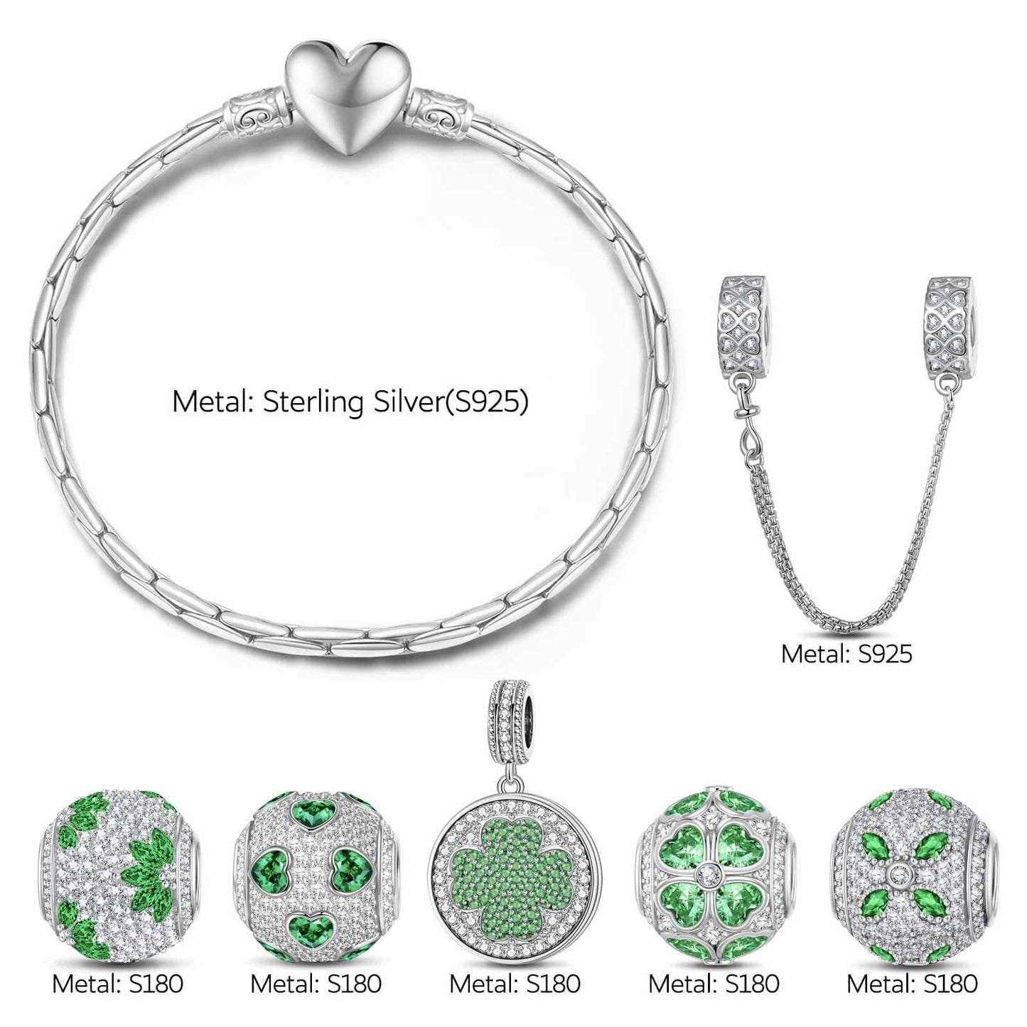 Sterling Silver Verdant Clover Treasures Charms Bracelet Set In White Gold Plated (Includes bracelet and all charms shown)