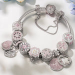 Sterling Silver Pink Clover Bloom Charms Bracelet Set In White Gold Plated (Includes bracelet and all charms shown)