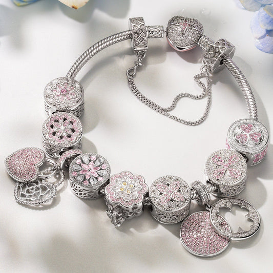 gona- Sterling Silver Pink Clover Bloom Charms Bracelet Set In White Gold Plated (Includes bracelet and all charms shown)