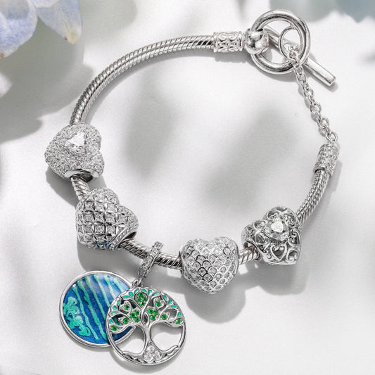 gona- Sterling Silver Life Tree's Heartfelt Charms Bracelet Set With Enamel In White Gold Plated (Includes bracelet and all charms shown)