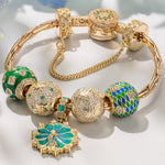 Sterling Silver Peacock Majesty Charms Bracelet Set With Enamel In 14K Gold Plated (Includes bracelet and all charms shown)