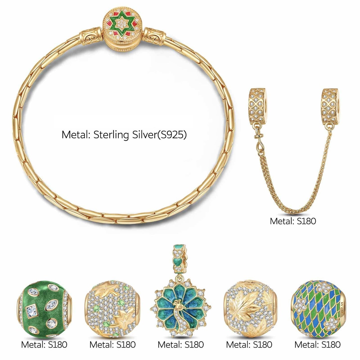 Sterling Silver Peacock Majesty Charms Bracelet Set With Enamel In 14K Gold Plated (Includes bracelet and all charms shown)
