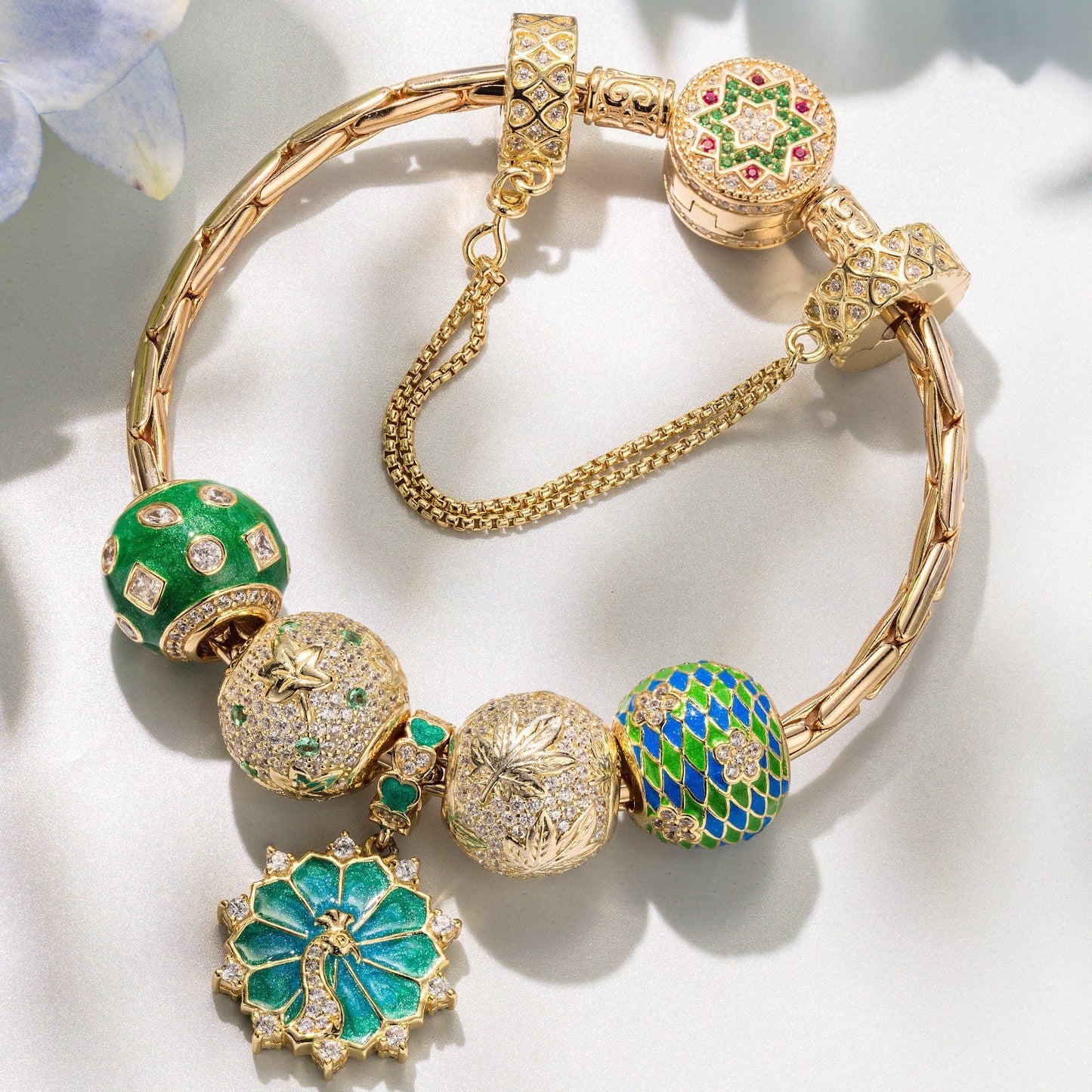 Sterling Silver Peacock Majesty Charms Bracelet Set With Enamel In 14K Gold Plated (Includes bracelet and all charms shown)