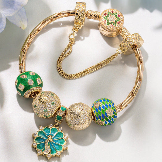 gona- Sterling Silver Peacock Majesty Charms Bracelet Set With Enamel In 14K Gold Plated (Includes bracelet and all charms shown)