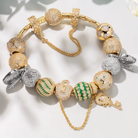 gona- Sterling Silver Infinity Heart's Secret Charms Bracelet Set With Enamel In 14K Gold Plated (Includes bracelet and all charms shown)