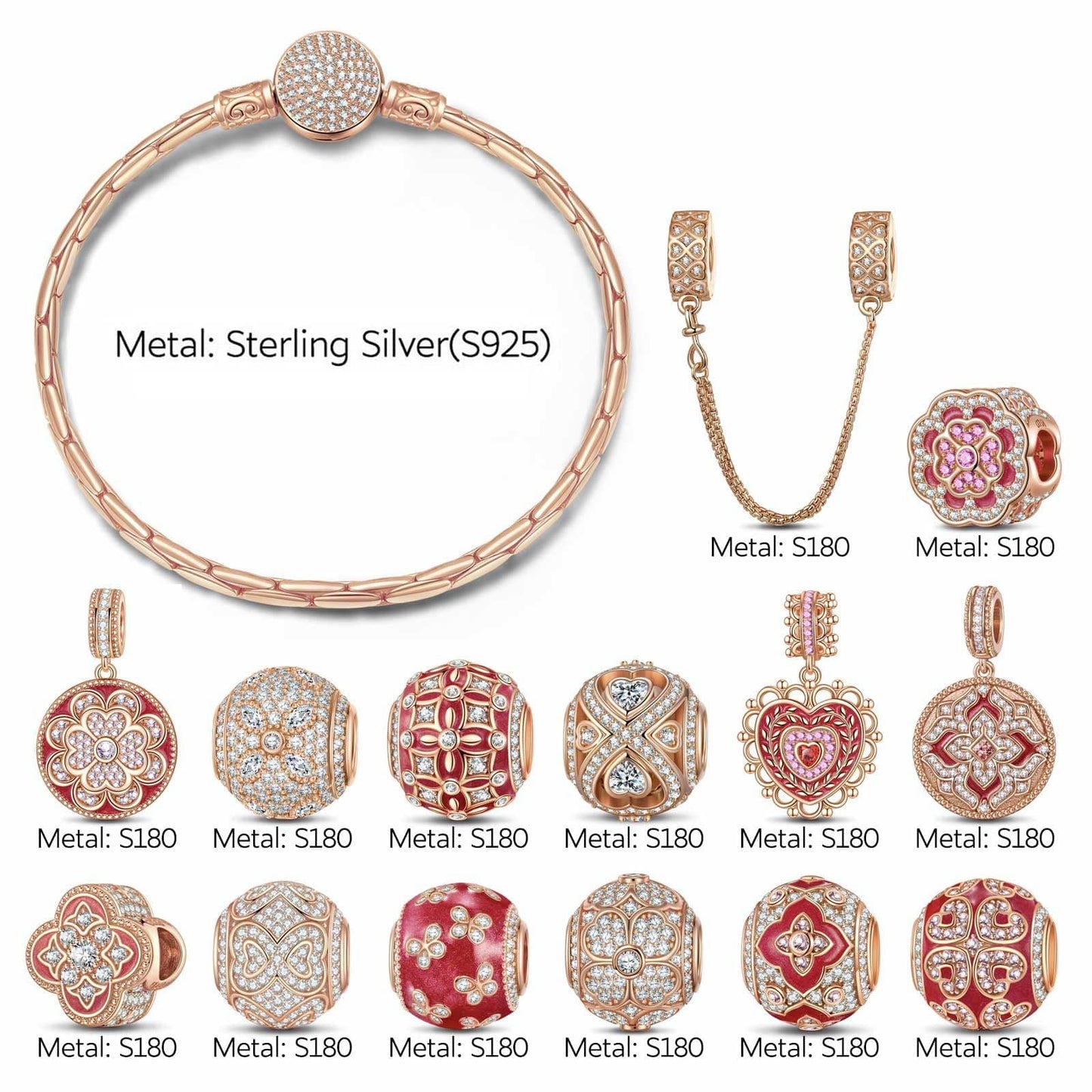 [💥As @JeannieBASMR's Pick] Sterling Silver Forever Blooming Charms Bracelet Set With Enamel In Rose Gold Plated (Includes bracelet and all charms shown)