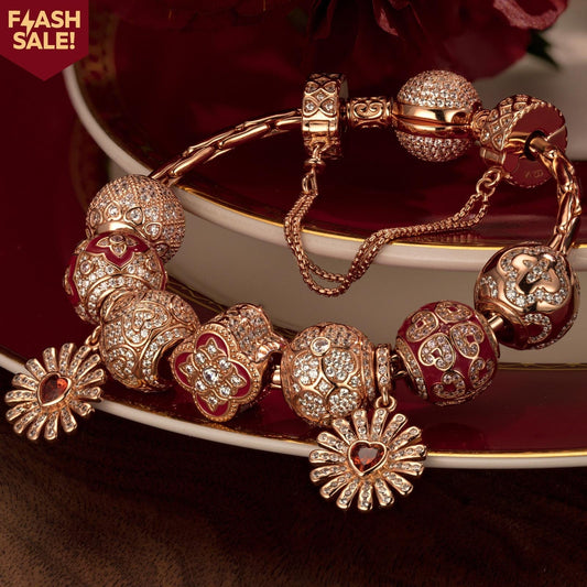 gona- Sterling Silver Floral Elegance Charms Bracelet Set With Enamel In Rose Gold Plated (Includes bracelet and all charms shown)