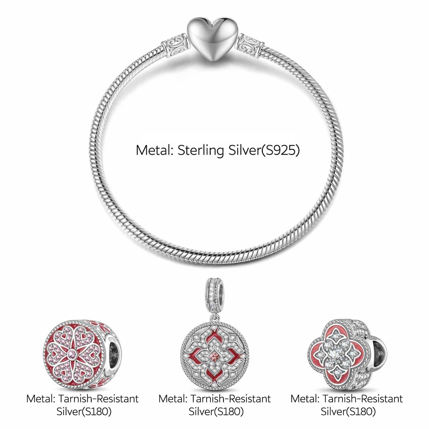 Sterling Silver Bright Blessings Charms Bracelet Set With Enamel In White Gold Plated (Includes bracelet and all charms shown)