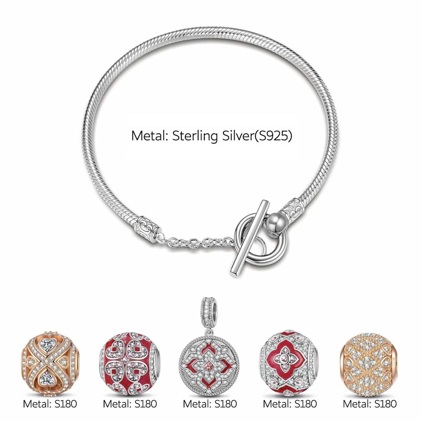 Sterling Silver Timeless Embrace Charms Bracelet Set With Enamel, Featuring Dual Plating in White Gold and Rose Gold (Includes bracelet and all charms shown)