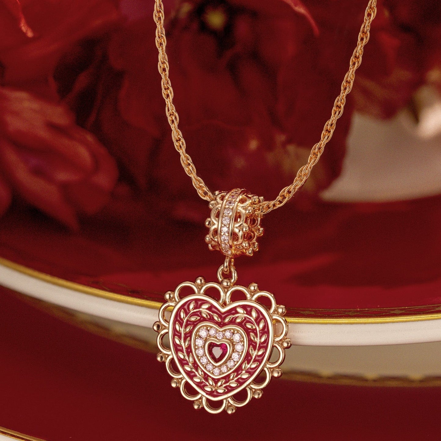 Sterling Silver Crowned With Love Charms Necklace Set With Enamel In Rose Gold Plated