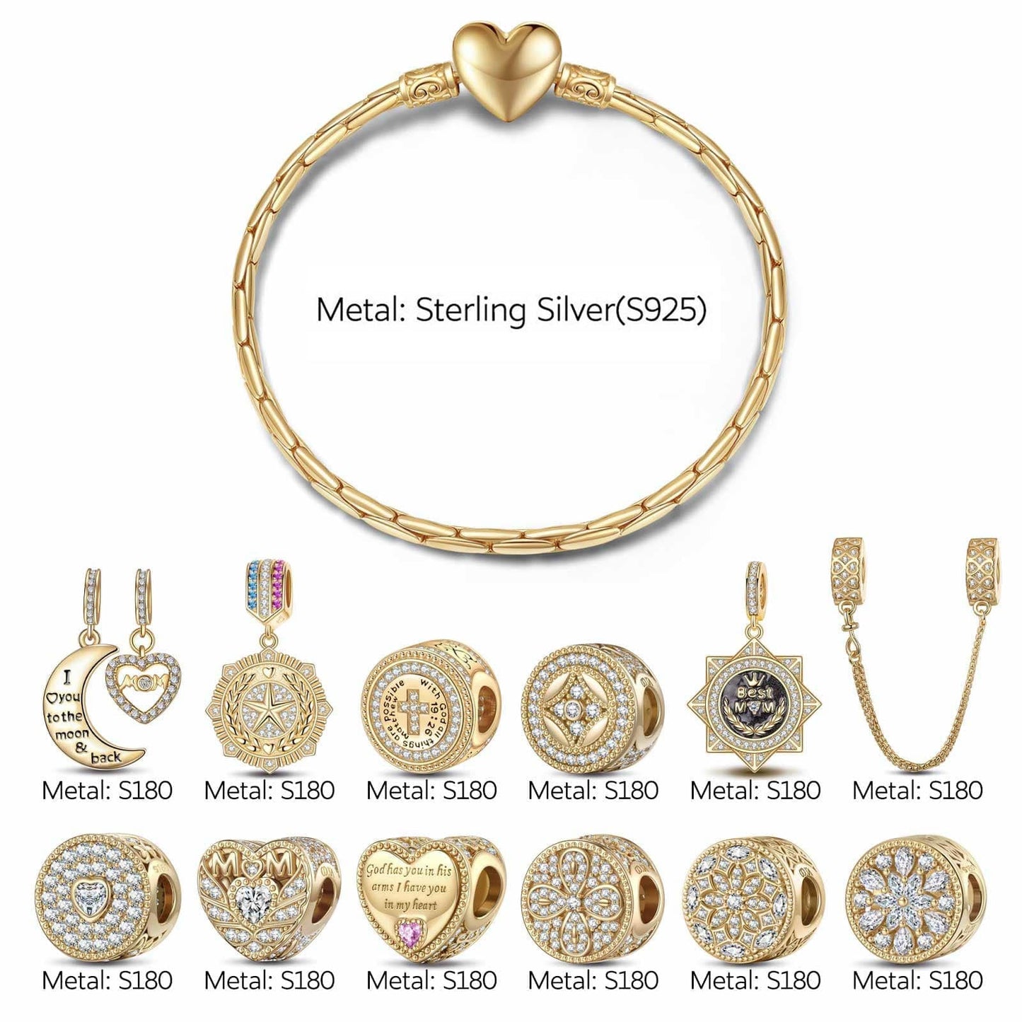 Sterling Silver Tender Love Charms Bracelet Set With Enamel In 14K Gold Plated (Includes bracelet and all charms shown)