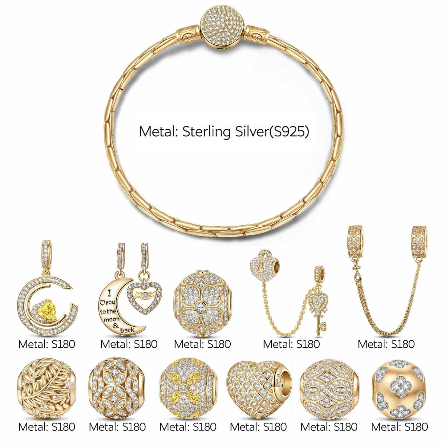 Sterling Silver Precious Connection Charms Bracelet Set In 14K Gold Plated (Includes bracelet and all charms shown)