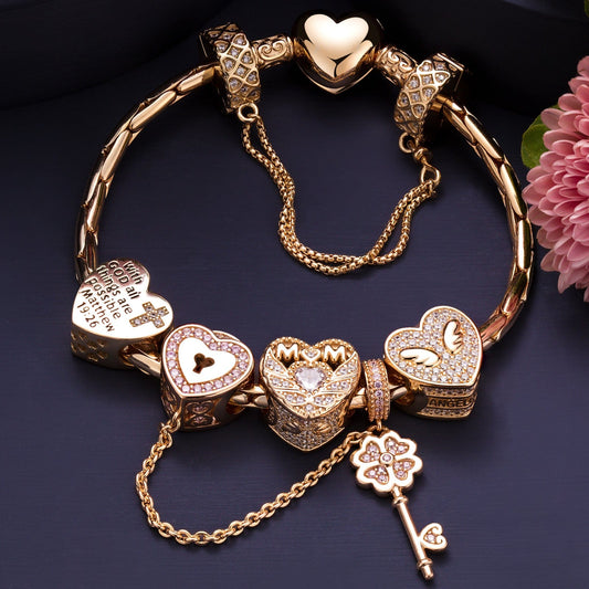 gona- Sterling Silver Love to Mom Charms Bracelet Set With Enamel In 14K Gold Plated (Includes bracelet and all charms shown)