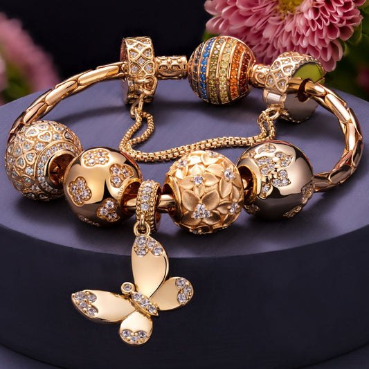 gona- Sterling Silver Golden Butterfly and Blooms Charms Bracelet Set In 14K Gold Plated (Includes bracelet and all charms shown)