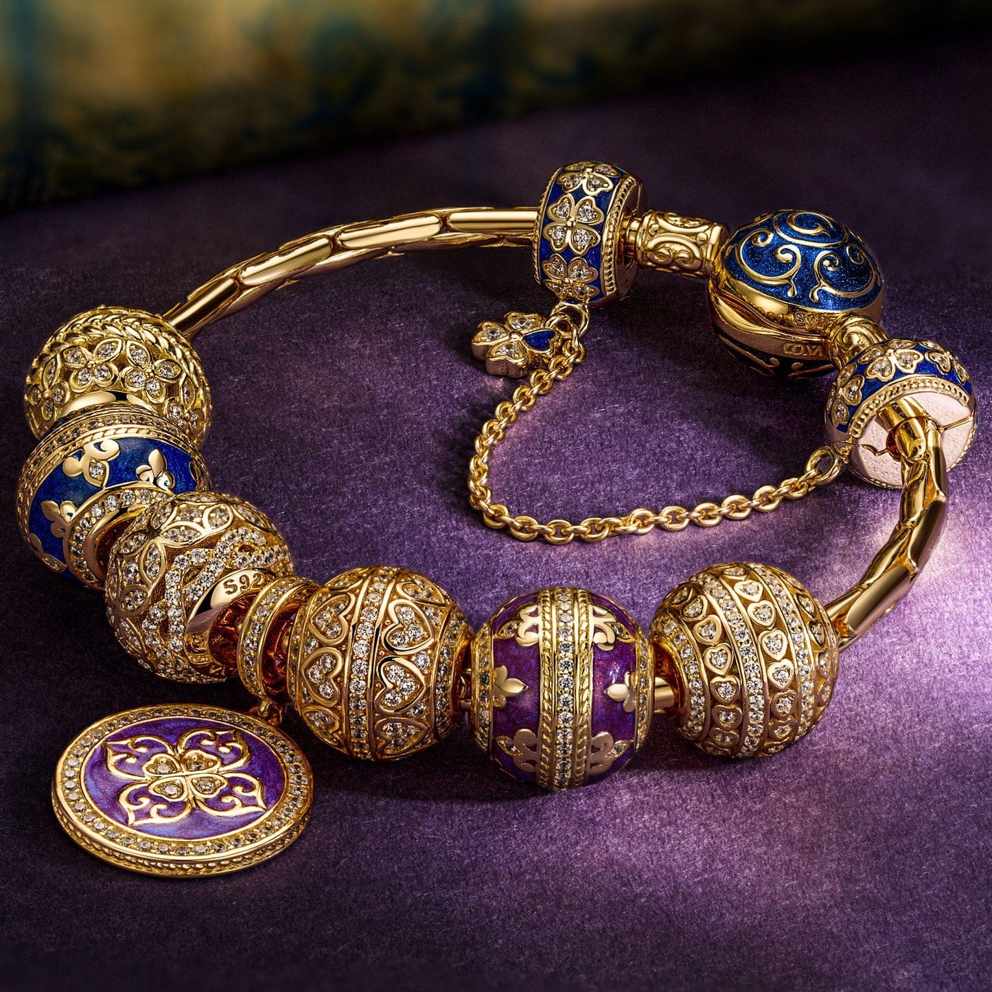 Sterling Silver Iris of Love Charms Bracelet Set With Enamel In 14K Gold Plated (Includes bracelet and all charms shown)