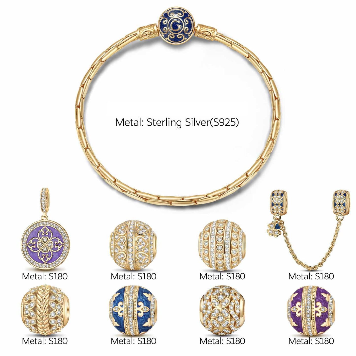 Sterling Silver Iris of Love Charms Bracelet Set With Enamel In 14K Gold Plated (Includes bracelet and all charms shown)