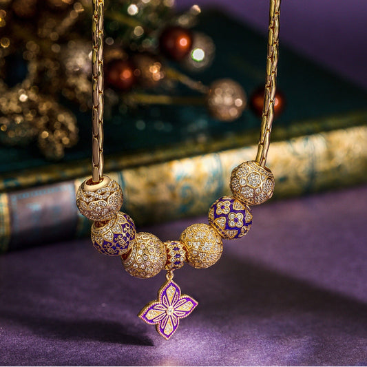 gona- Sterling Silver Clover Dance Charms Necklace Set With Enamel In 14K Gold Plated