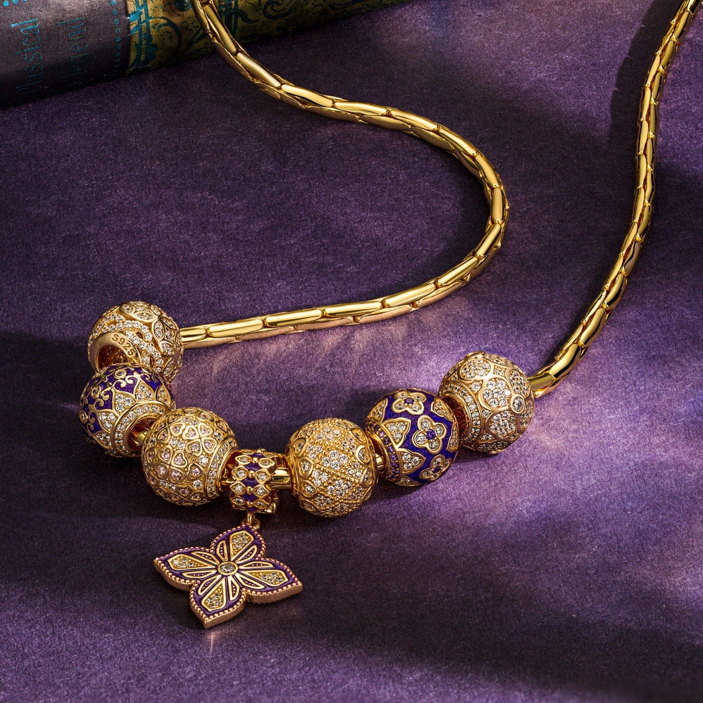 Sterling Silver Clover Dance Charms Necklace Set With Enamel In 14K Gold Plated