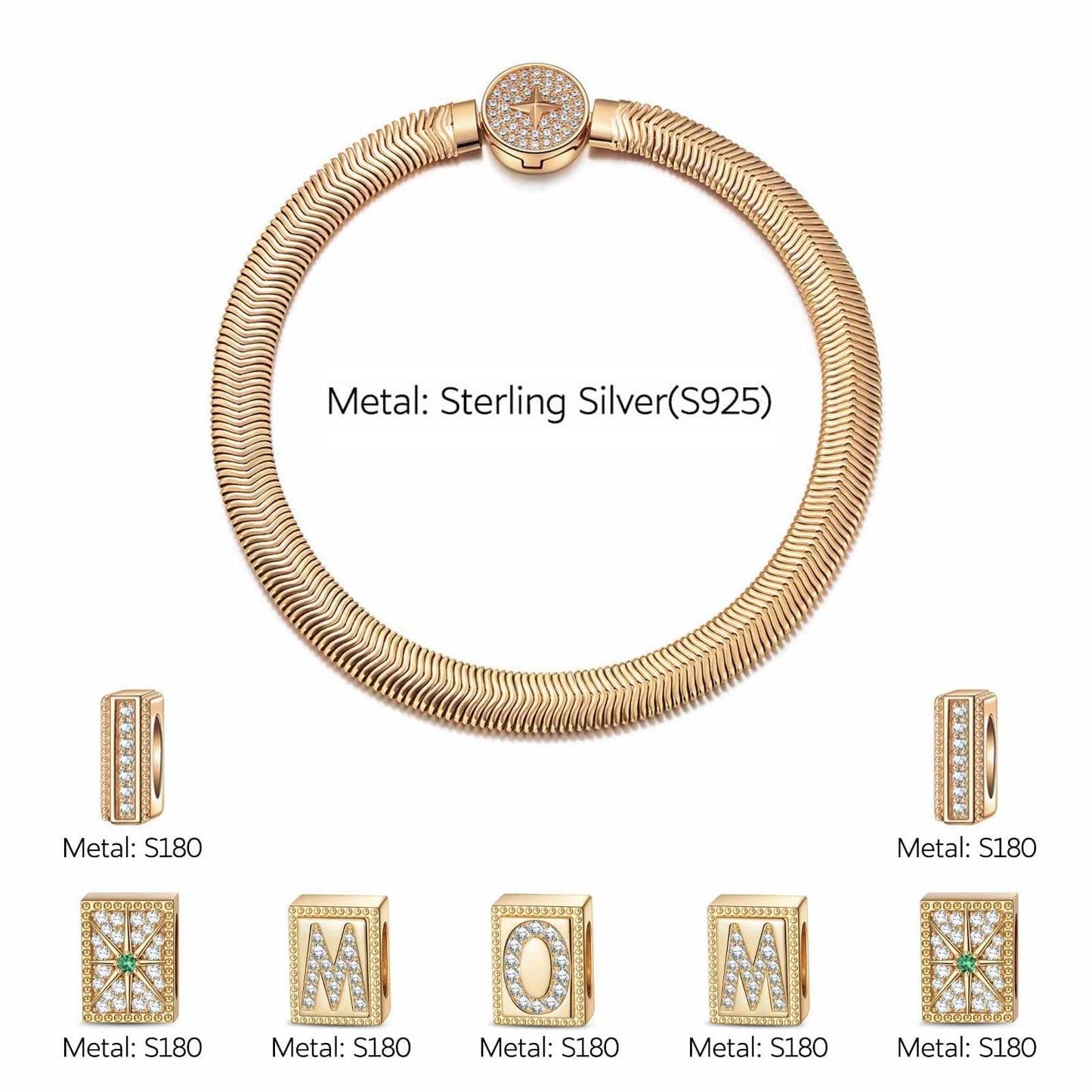 Sterling Silver My Guiding Star Rectangular Charms Bracelet Set In 14K Gold Plated (Includes bracelet and all charms shown)