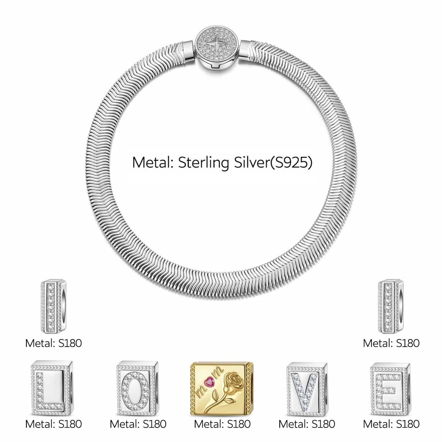 Sterling Silver Love You Mom Rectangular Charms Bracelet Set, Featuring Dual Plating in 14K Gold and White Gold (Includes bracelet and all charms shown)