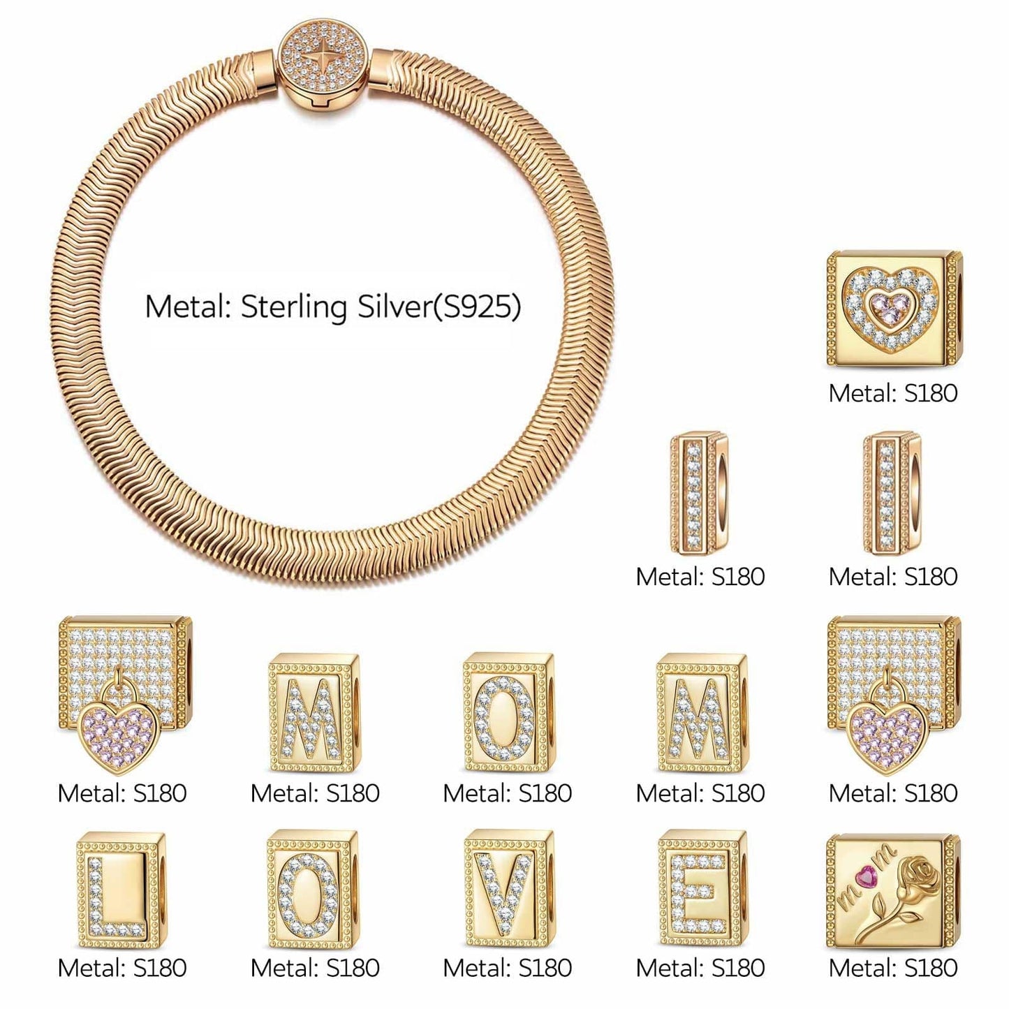 Sterling Silver To My Dearest Mom Rectangular Charms Bracelet Set In 14K Gold Plated (Includes bracelet and all charms shown)