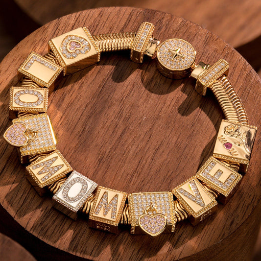 gon- Sterling Silver To My Dearest Mom Rectangular Charms Bracelet Set In 14K Gold Plated (Includes bracelet and all charms shown)
