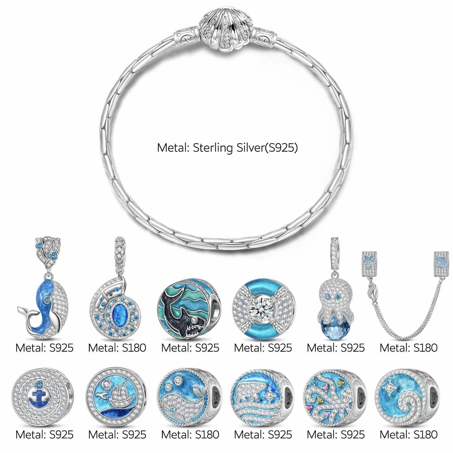 Sterling Silver Treasures of the Ocean Charms Bracelet Set With Enamel In White Gold Plated (Includes bracelet and all charms shown)