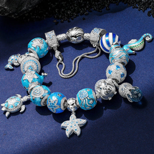 gona- Sterling Silver Marine Life Wonders Charms Bracelet Set With Enamel In White Gold Plated (Includes bracelet and all charms shown)