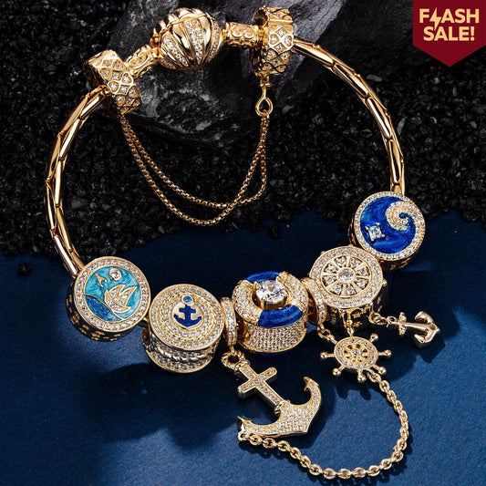 gona- Sterling Silver Anchored in Ocean Serenity Charms Bracelet Set With Enamel In 14K Gold Plated (Includes bracelet and all charms shown)