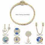 Sterling Silver Anchored in Ocean Serenity Charms Bracelet Set With Enamel In 14K Gold Plated (Includes bracelet and all charms shown)